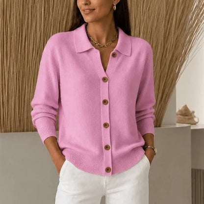 Women's Cropped Knit Cardigan with Turn-Down Collar - Pink