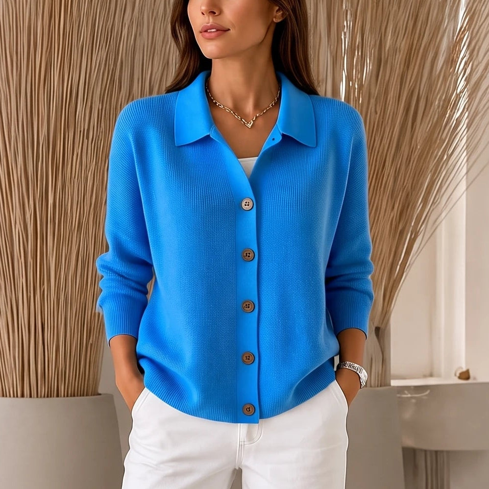 Women's Cropped Knit Cardigan with Turn-Down Collar - Sky Blue