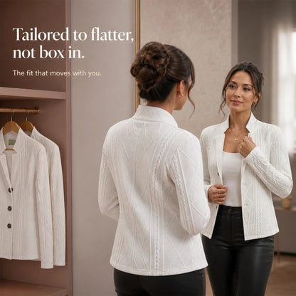 Women's Diamond Cable Knit Stand-Collar Blazer - Hip-Length
