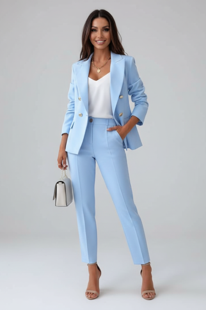 Women's Double-Breasted Blazer Suit Set in light blue, Tailored Two-Piece
