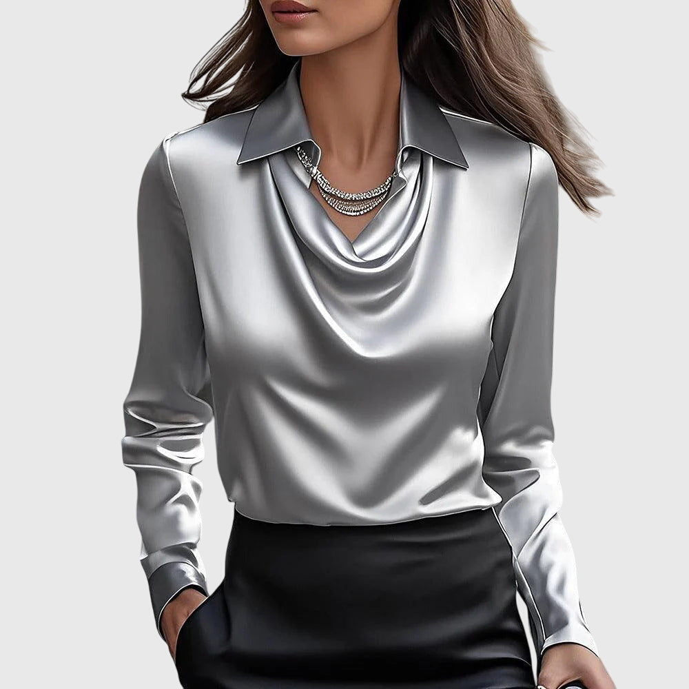 Women's Draped Blouse in silver, Elegant Neckline