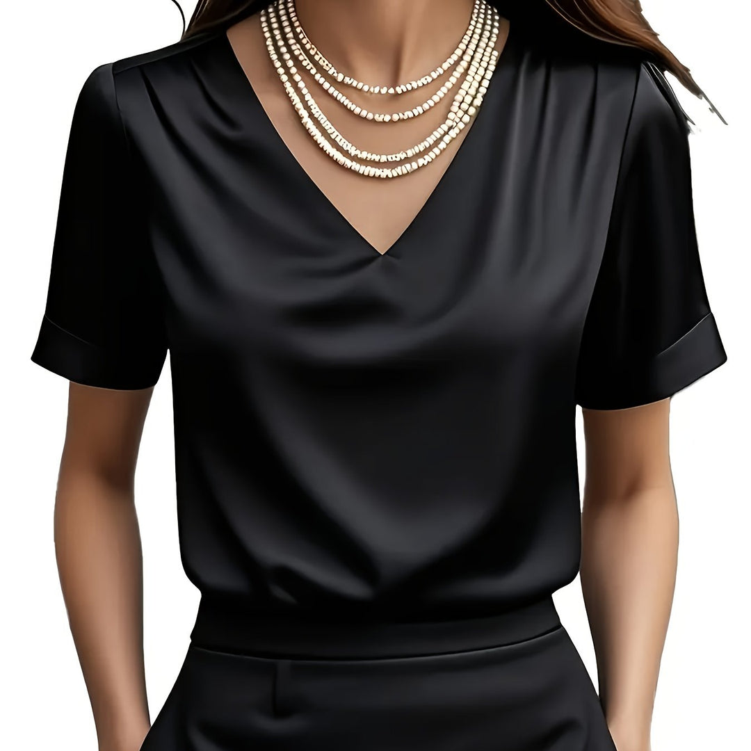 Women's Draped V-Neck Blouse in black, Elegant Short Sleeve
