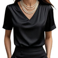 Women's Draped V-Neck Blouse - Elegant Short Sleeve