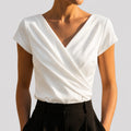 Women's Draped Wrap-Front Blouse - Elegant V-Neck Short Sleeve