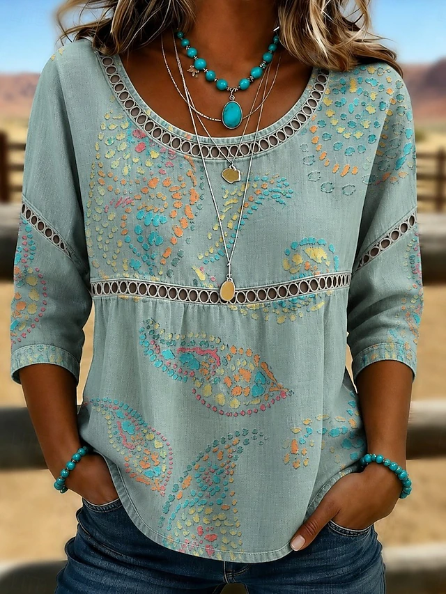 Women's Eyelet Bohemian Top in blue, Relaxed Fit 3/4 Sleeve