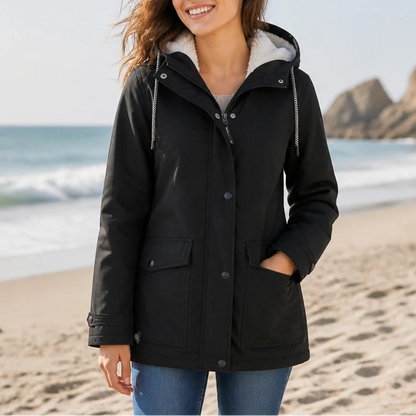 Women's Fleece-Lined Hooded Winter Jacket in black, Windproof Warmth