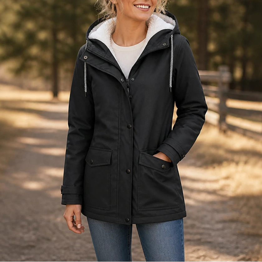 Women's Fleece-Lined Hooded Winter Jacket - Windproof Warmth
