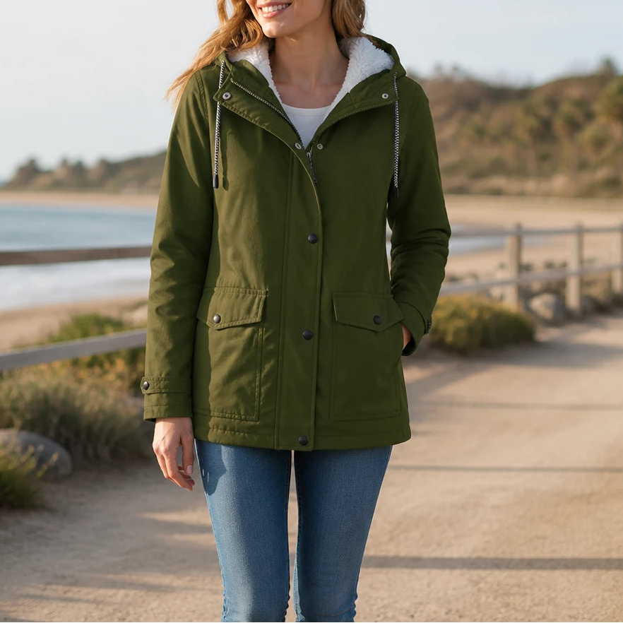 Women's Fleece-Lined Hooded Winter Jacket in military green, Windproof Warmth