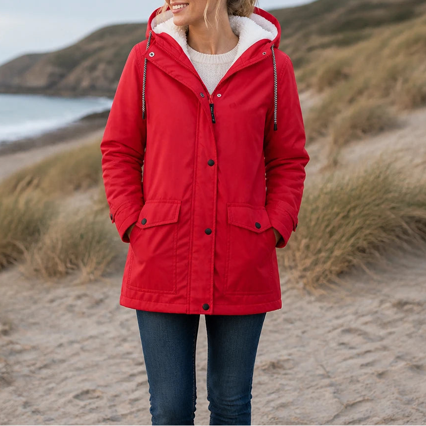 Women's Fleece-Lined Hooded Winter Jacket in red, Windproof Warmth