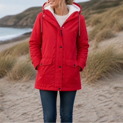 Women's Fleece-Lined Hooded Winter Jacket in red, Windproof Warmth