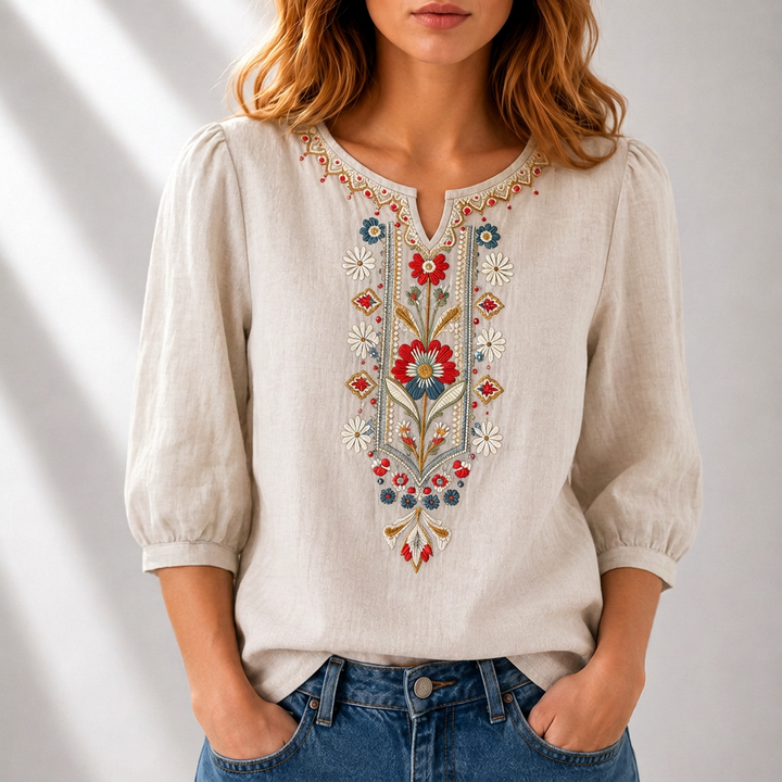 Women's Floral Embroidered Blouse in beige, Relaxed Fit