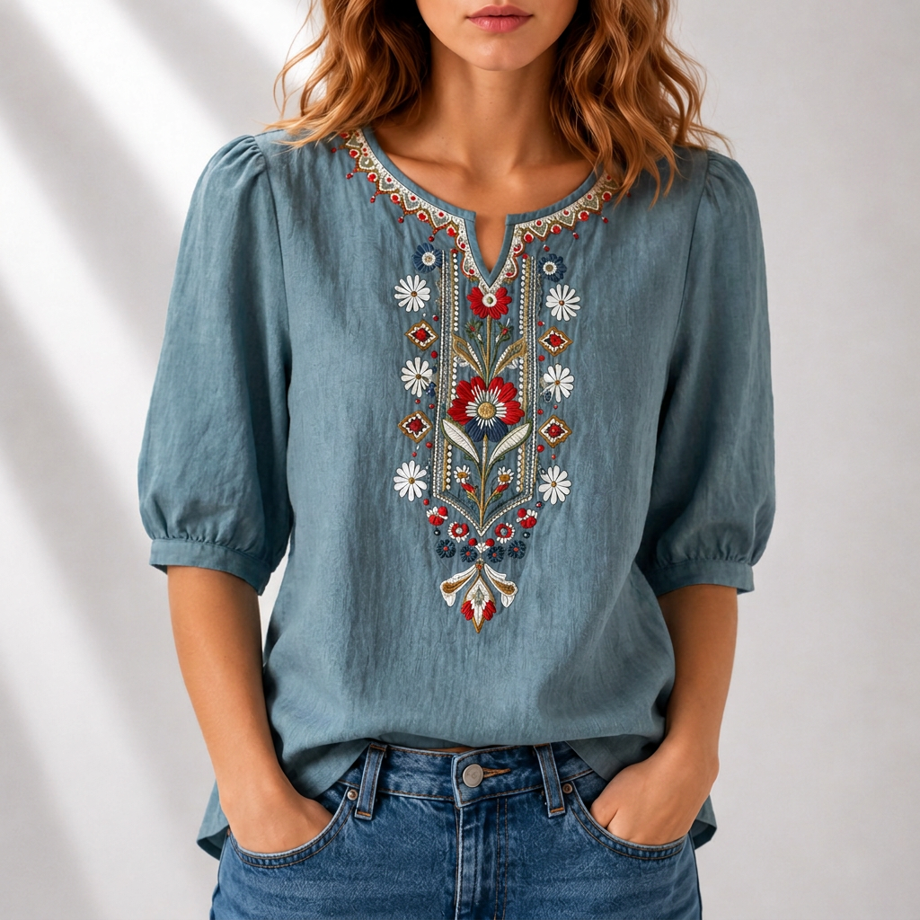 Women's Floral Embroidered Blouse in blue, Relaxed Fit