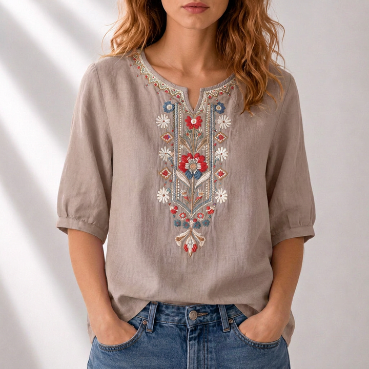 Women's Floral Embroidered Blouse in dark khaki, Relaxed Fit