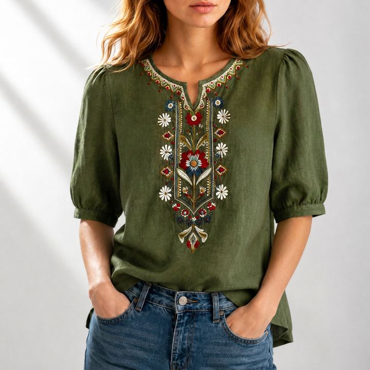Women's Floral Embroidered Blouse in olive, Relaxed Fit