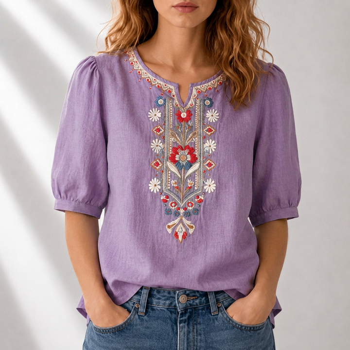 Women's Floral Embroidered Blouse in purple, Relaxed Fit