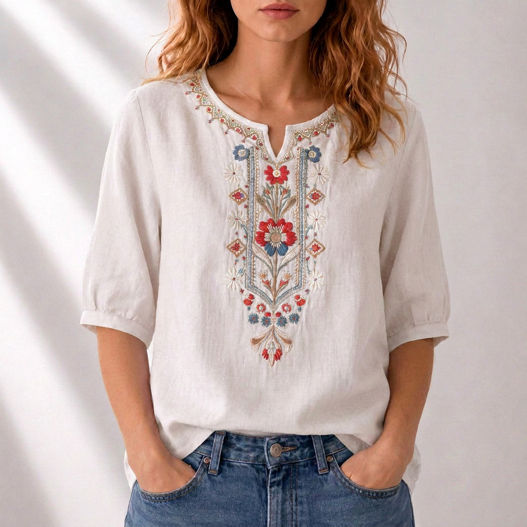 Women's Floral Embroidered Blouse in white, Relaxed Fit