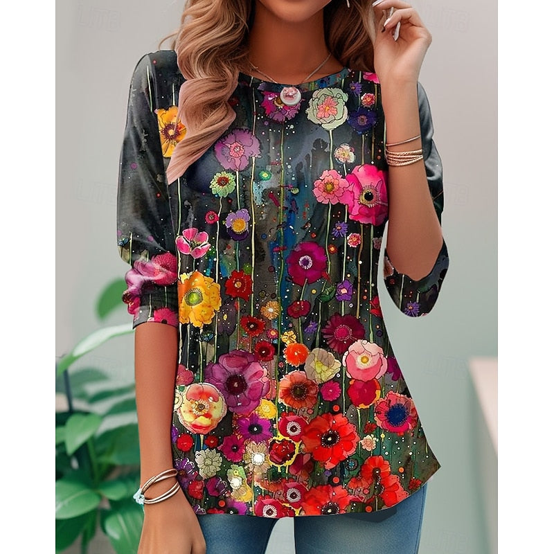 Women's Floral Long-Sleeve Top in black, Relaxed Fit