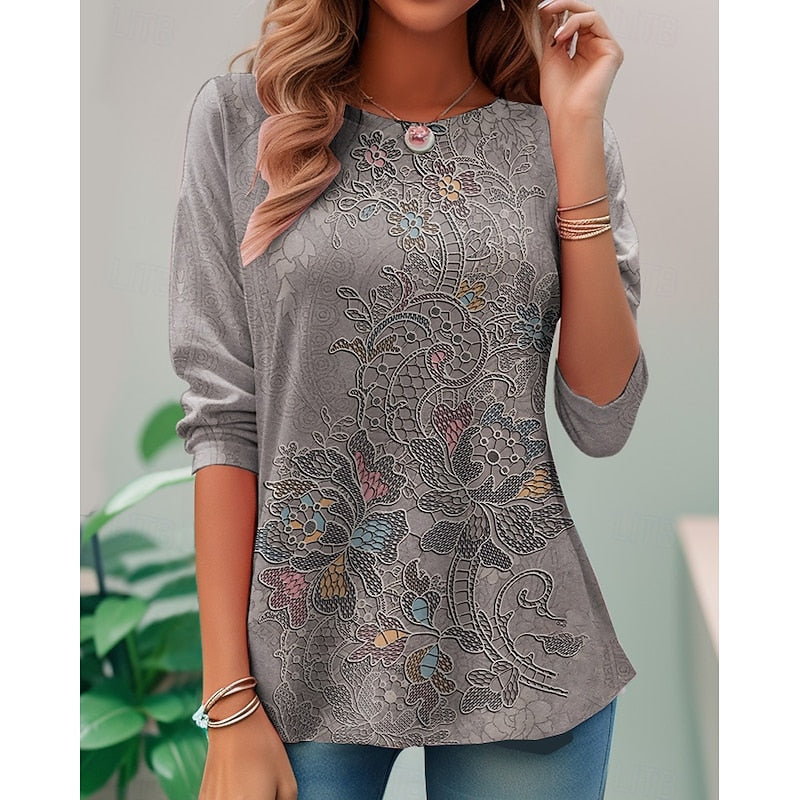 Women's Floral Long-Sleeve Top in grey, Relaxed Fit