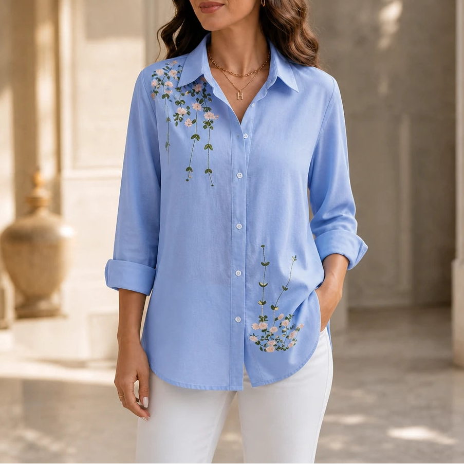 Women's Floral Print Long-Sleeve Blouse in light blue, Hip-Length Casual