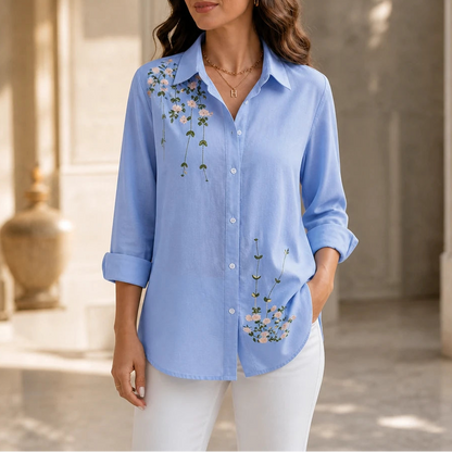 Women's Floral Print Long-Sleeve Blouse in light blue, Hip-Length Casual