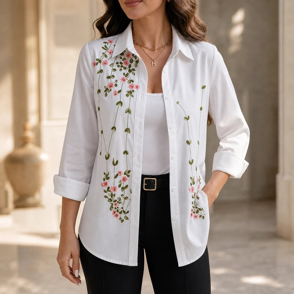 Women's Floral Print Long-Sleeve Blouse in white, Hip-Length Casual