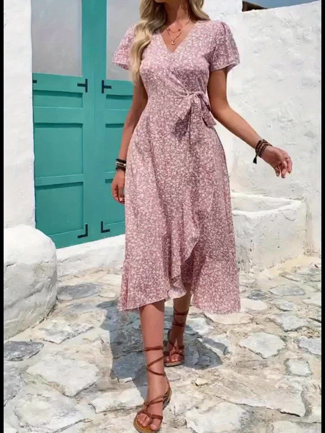 Women's Floral Wrap Dress - Flowing V-Neck Design