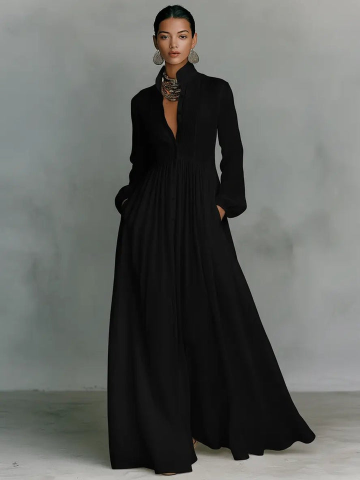 Women's Flowing Button-Front Maxi Dress in black, Stand Collar