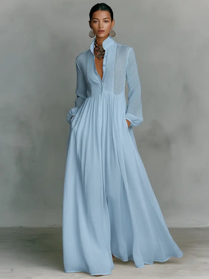 Women's Flowing Button-Front Maxi Dress in blue, Stand Collar