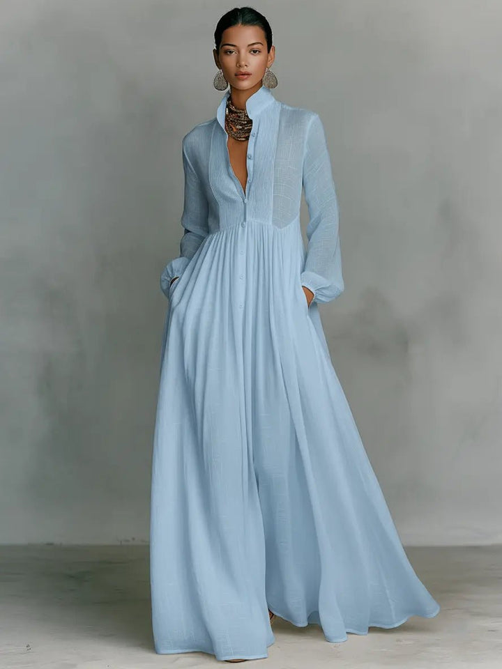 Women's Flowing Button-Front Maxi Dress in blue, Stand Collar