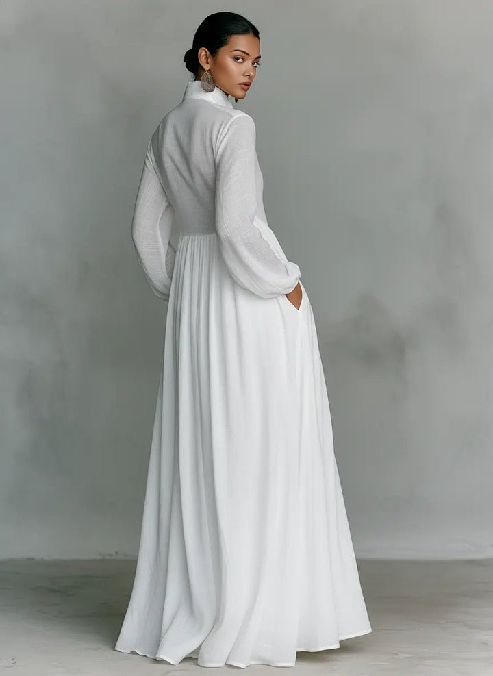 Women's Flowing Button-Front Maxi Dress - Stand Collar