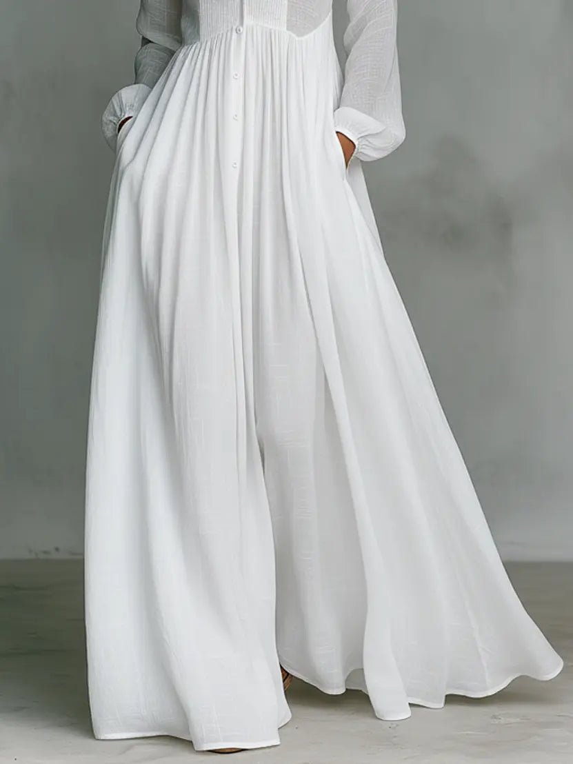 Women's Flowing Button-Front Maxi Dress - Stand Collar