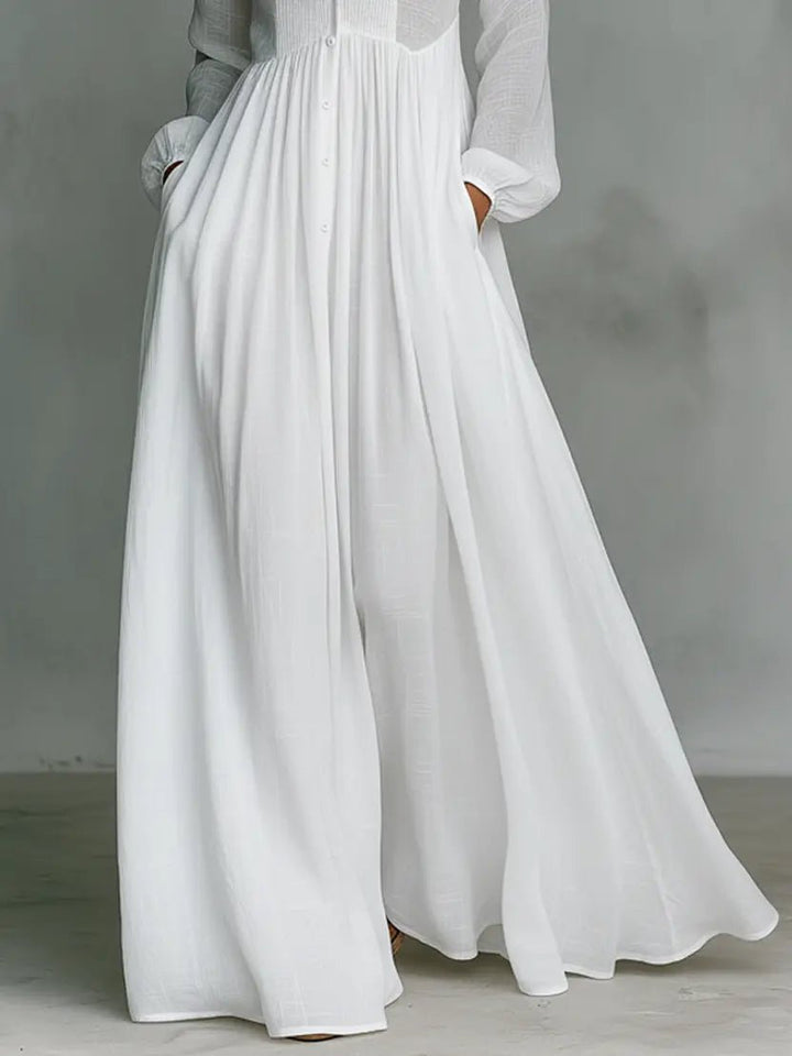 Women's Flowing Button-Front Maxi Dress - Stand Collar