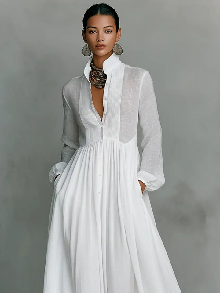 Women's Flowing Button-Front Maxi Dress - Stand Collar