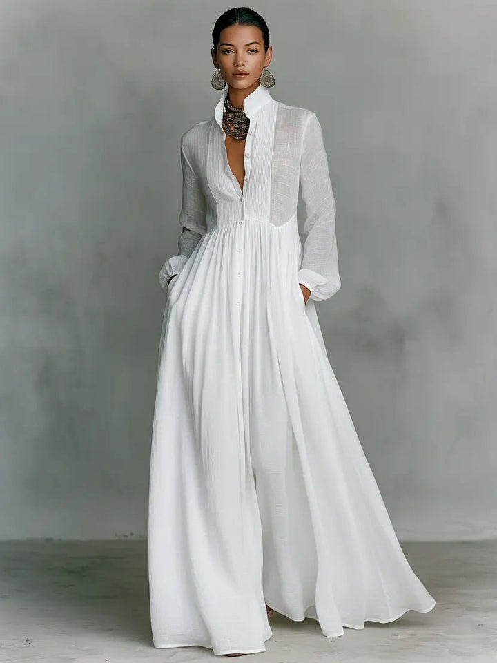 Women's Flowing Button-Front Maxi Dress - Stand Collar