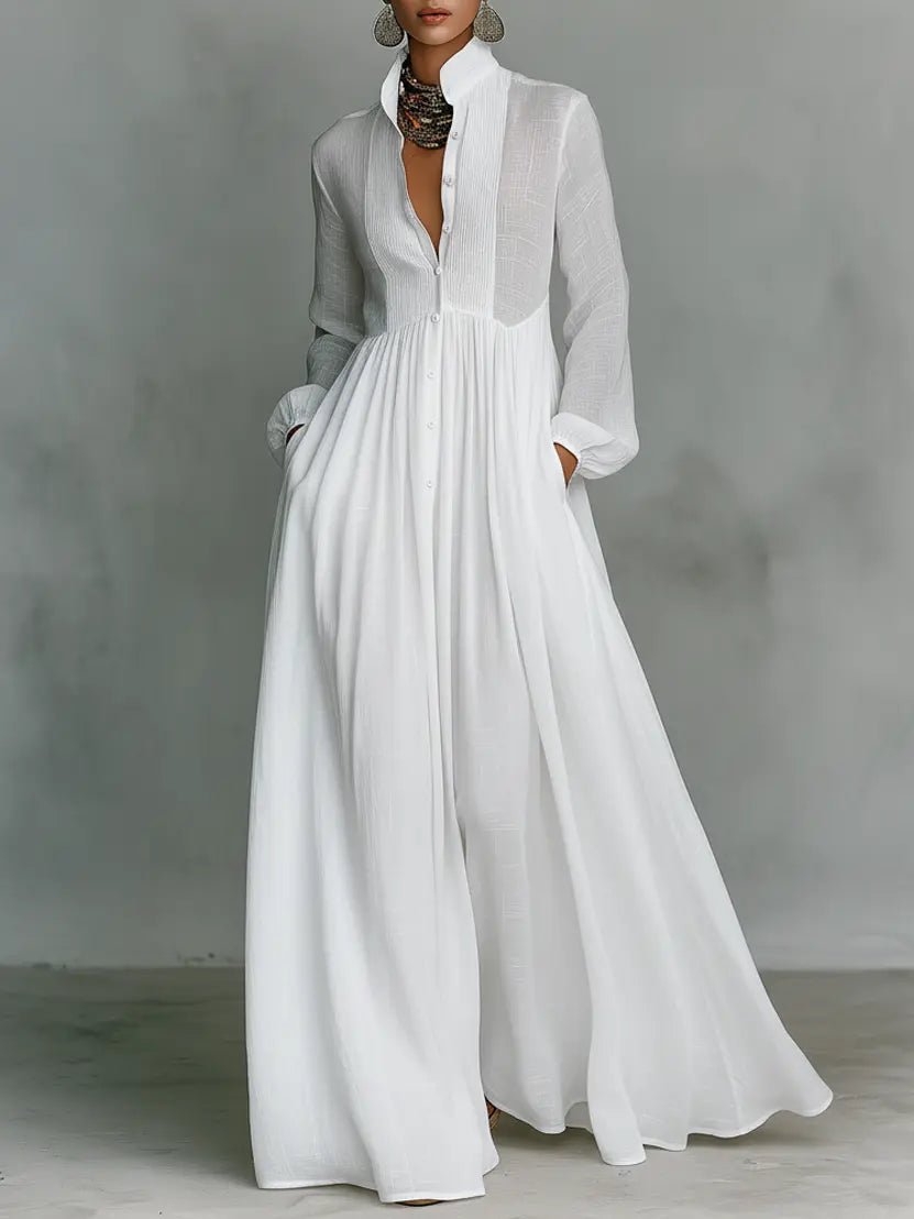 Women's Flowing Button-Front Maxi Dress in white, Stand Collar