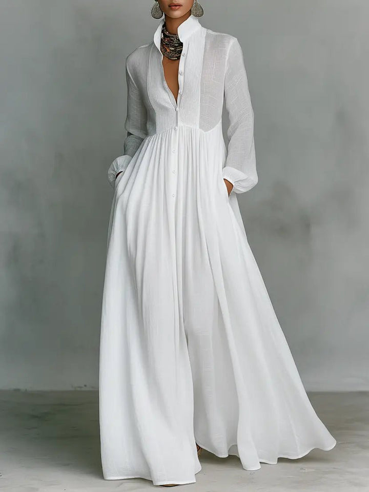 Women's Flowing Button-Front Maxi Dress in white, Stand Collar