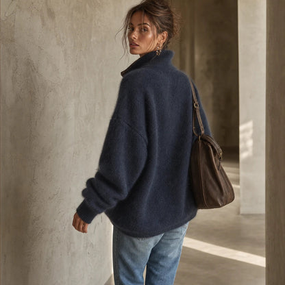 Women's Fuzzy Half-Zip Sweater - Contrast Trim