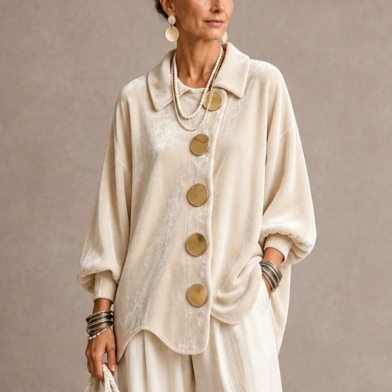 Women's Gold Button Velvet-Look Blouse in beige, Casual Hip-Length