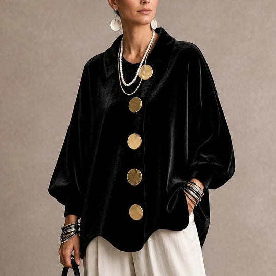Women's Gold Button Velvet-Look Blouse in black, Casual Hip-Length
