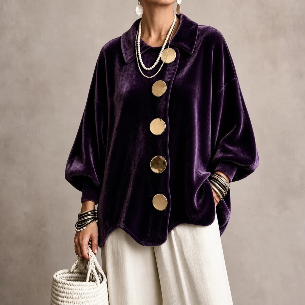 Women's Gold Button Velvet-Look Blouse - Casual Hip-Length