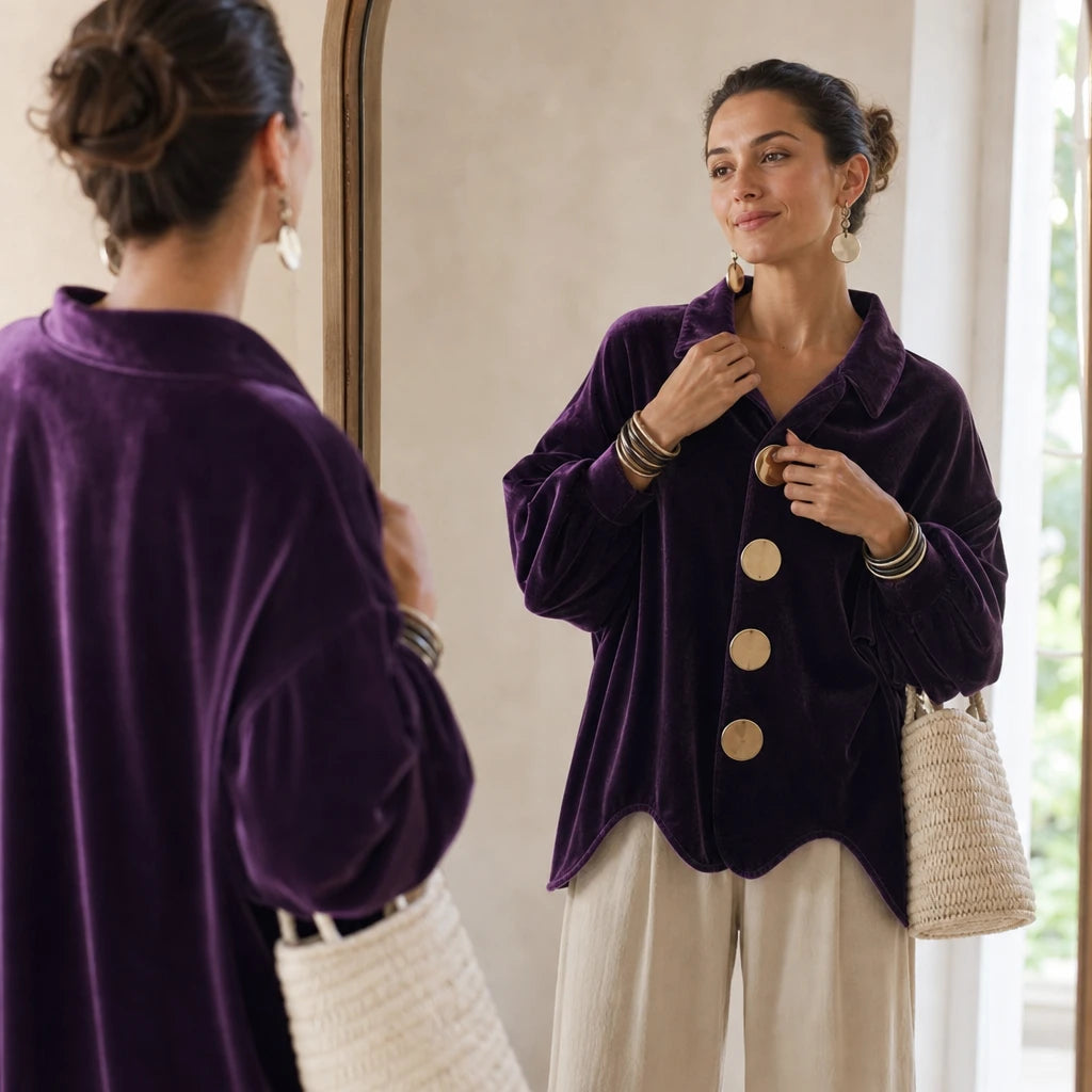 Women's Gold Button Velvet-Look Blouse - Casual Hip-Length