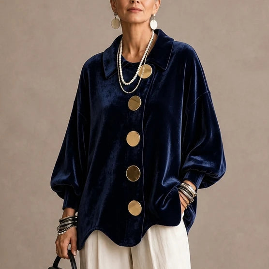 Women's Gold Button Velvet-Look Blouse in navy, Casual Hip-Length