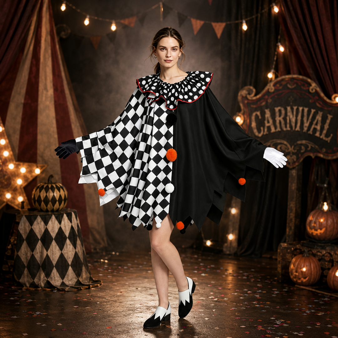 Women's Halloween Clown Costume with Checkerboard Cape & Ruffle Collar - Black