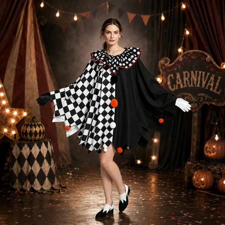 Women's Halloween Clown Costume with Checkerboard Cape & Ruffle Collar - Black