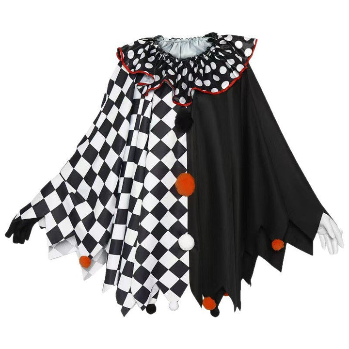 Women's Halloween Clown Costume with Checkerboard Cape & Ruffle Collar