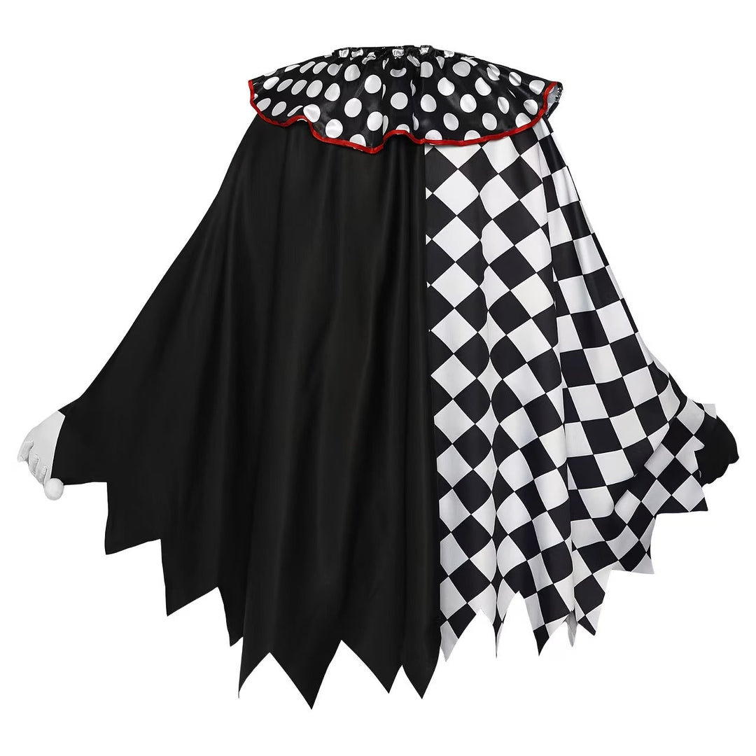 Women's Halloween Clown Costume with Checkerboard Cape & Ruffle Collar