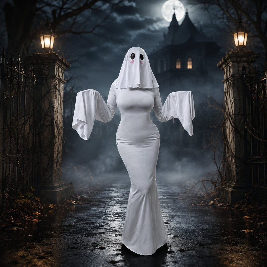 Women's Halloween Ghost Costume with Hood - Elegant Spirit Look