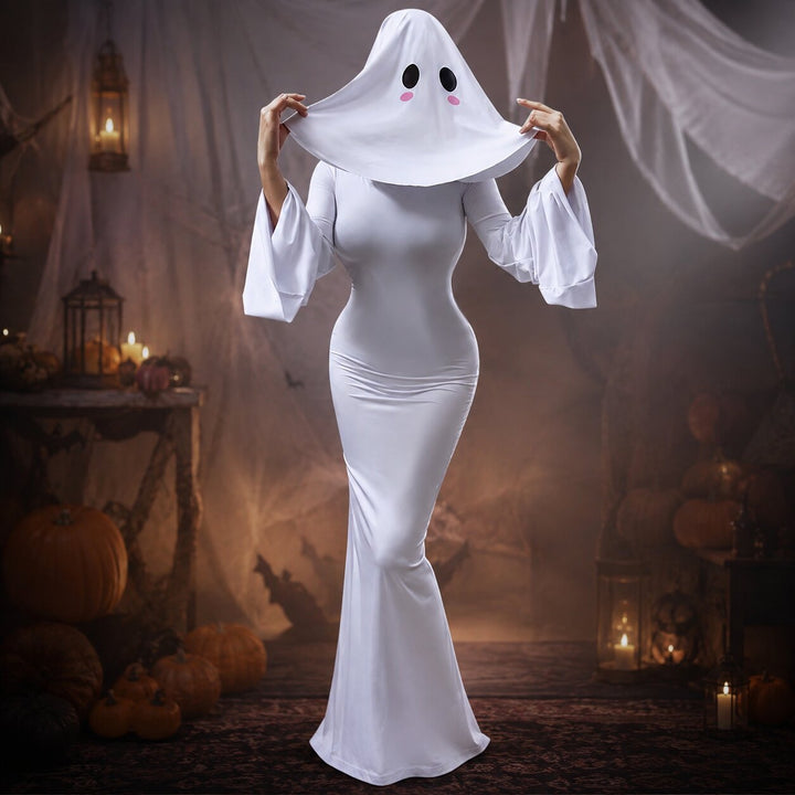 Women's Halloween Ghost Costume with Hood - Elegant Spirit Look