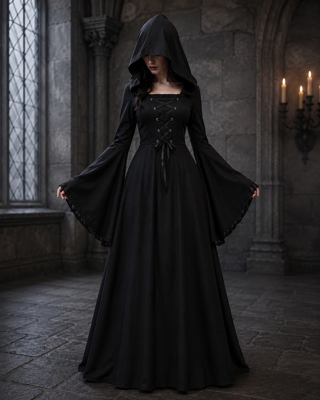 Women's Halloween Gothic Hooded Costume – Bell Sleeve Lace-Up - Black