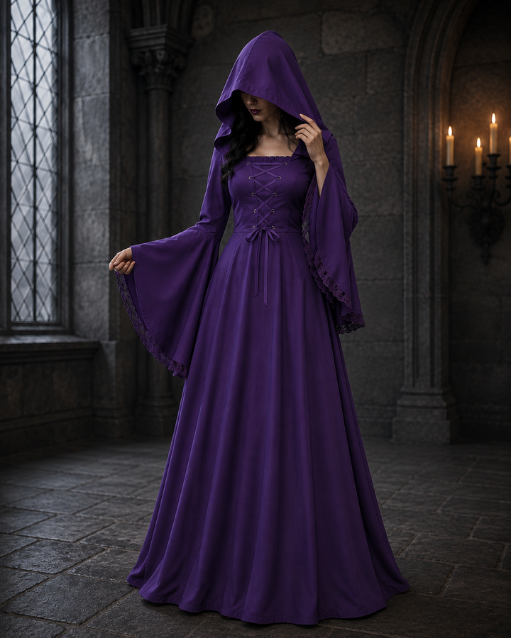 Women's Halloween Gothic Hooded Costume – Bell Sleeve Lace-Up - Purple